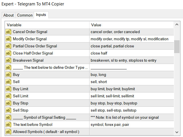 Telegram to MT4 Copier Screenshots Inputs