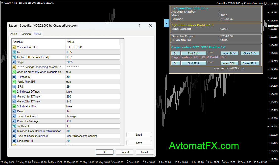 Speedrun AvtomatFX EA on Chart with Inputs
