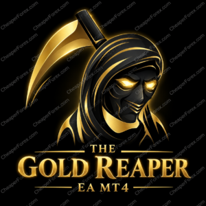 The Gold Reaper EA MT4 black and gold reaper cover with CheaperForex.com watermarks