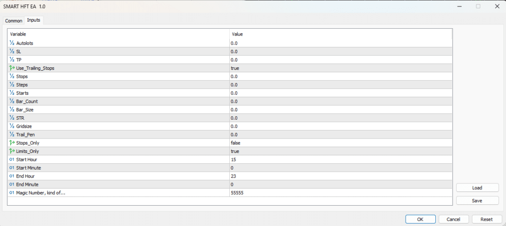 SMART HFT EA MT5 Inputs