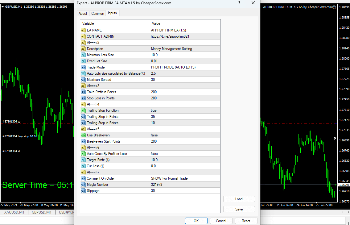 AI Prop Firm EA on Chart with Input