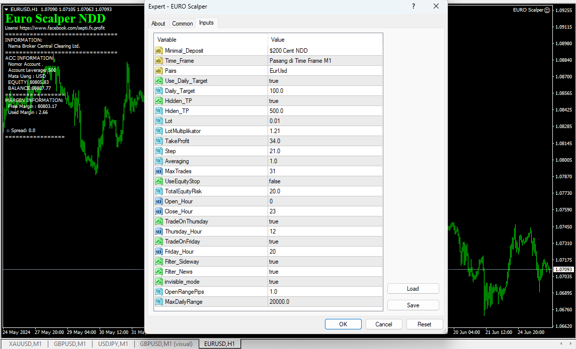 Euro Scalper EA on Chart With Inputs