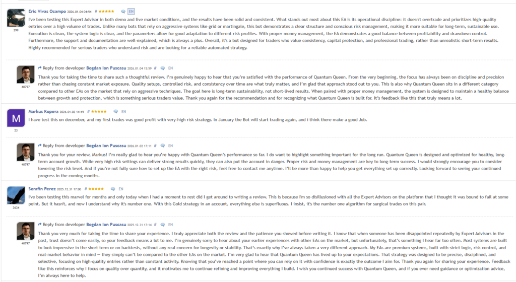 Quantum Queen EA with over 480 customer reviews averaging 4.97 stars on MQL5 marketplace
