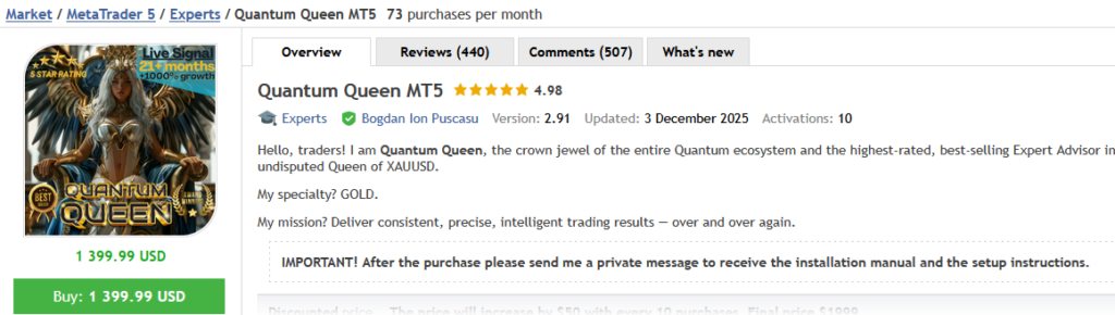 Quantum Queen EA MT5 download page on MQL5 Market — 4.97 stars from 480 plus reviews