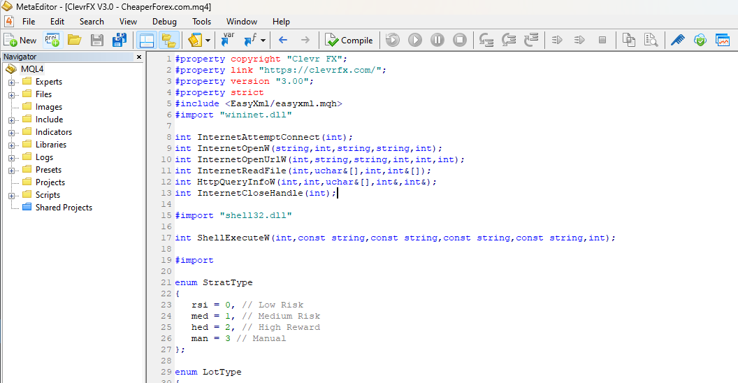 ClevrFX EA Source Code MQ4 open in MetaEditor