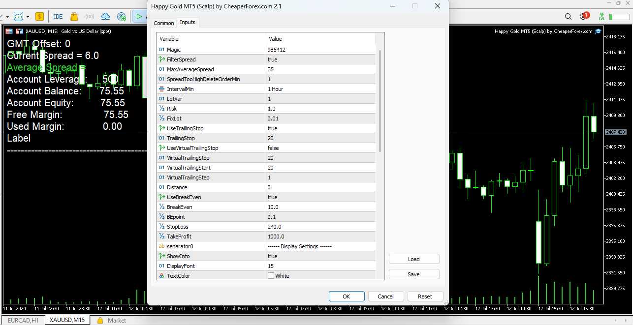 Happy Gold EA MT5 on the Chart with Inputs Visible