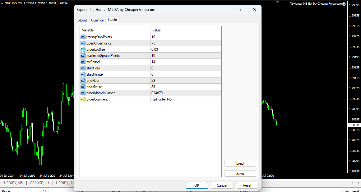 PipHunter M5 EA on the Chart with Inputs Visible