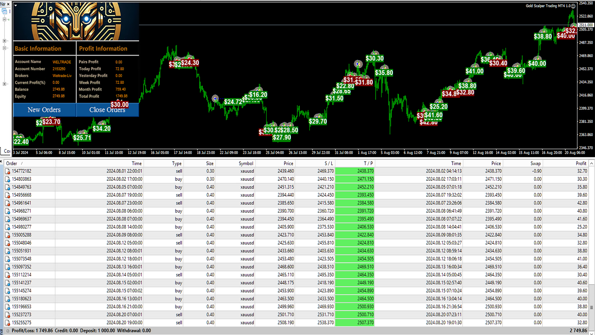 Gold Scalper Trading EA on the Chart with Results