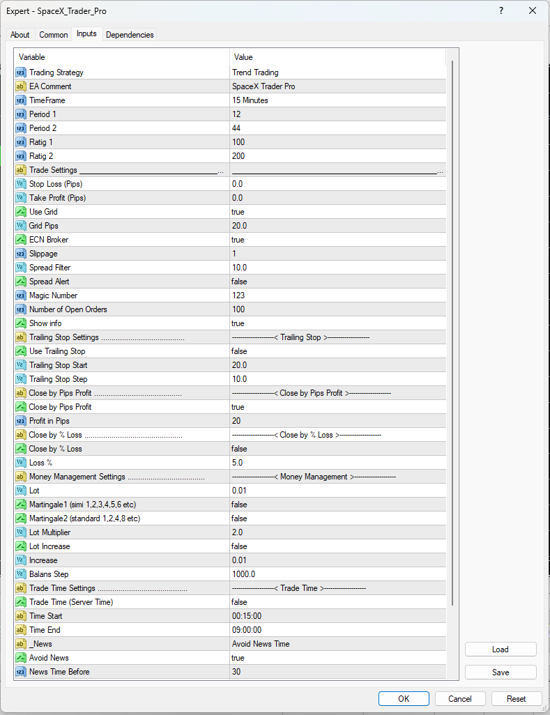 SpaceX Trader Pro EA Inputs