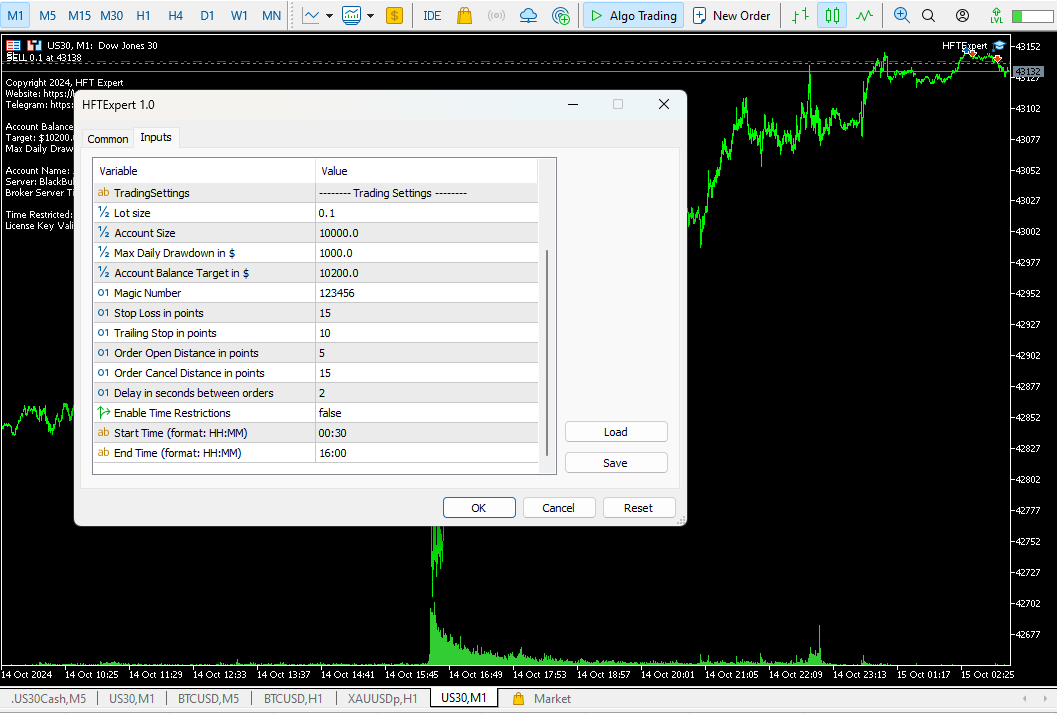 HFT Bot EA MT5 On the Chart with Inputs Visible