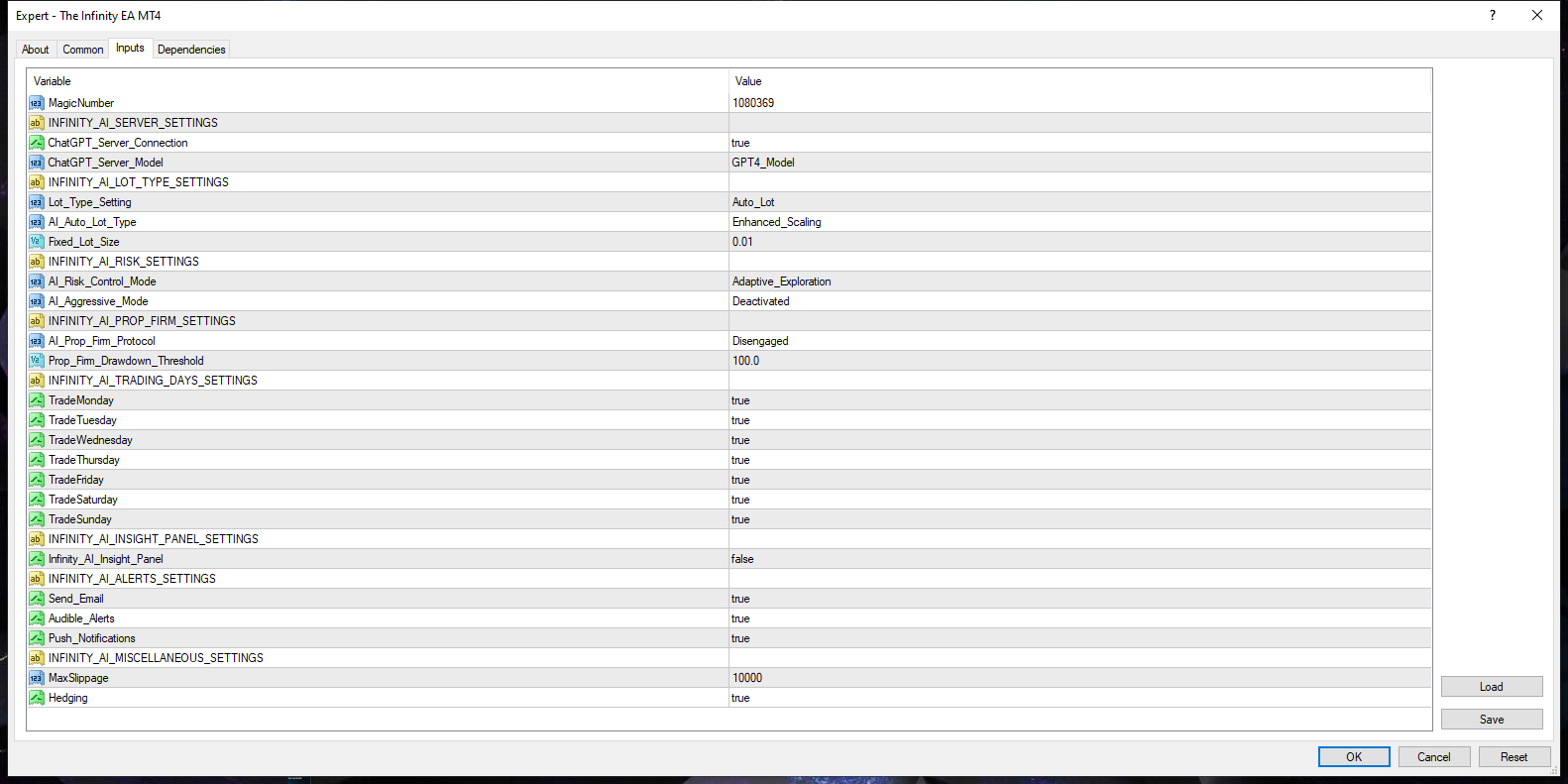 The Infinity EA Expert Advisor Inputs