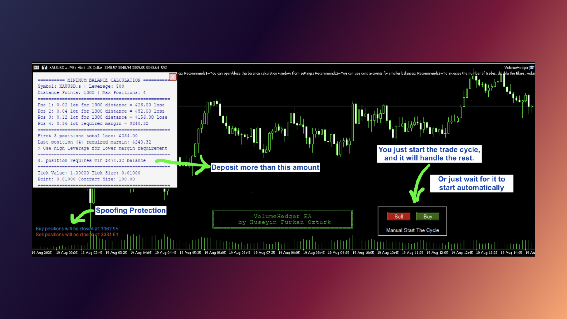 VolumeHedger EA On The Chart with Key Features