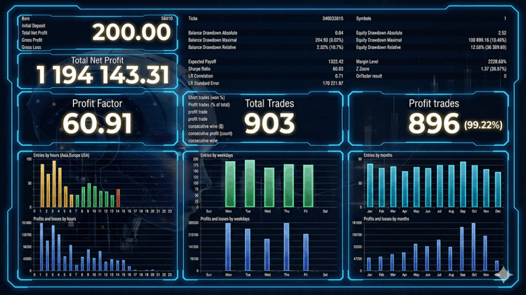 AI Gold Trading EA MT5 backtest report — $1.19M profit, 60.91 profit factor, 99.22% win rate