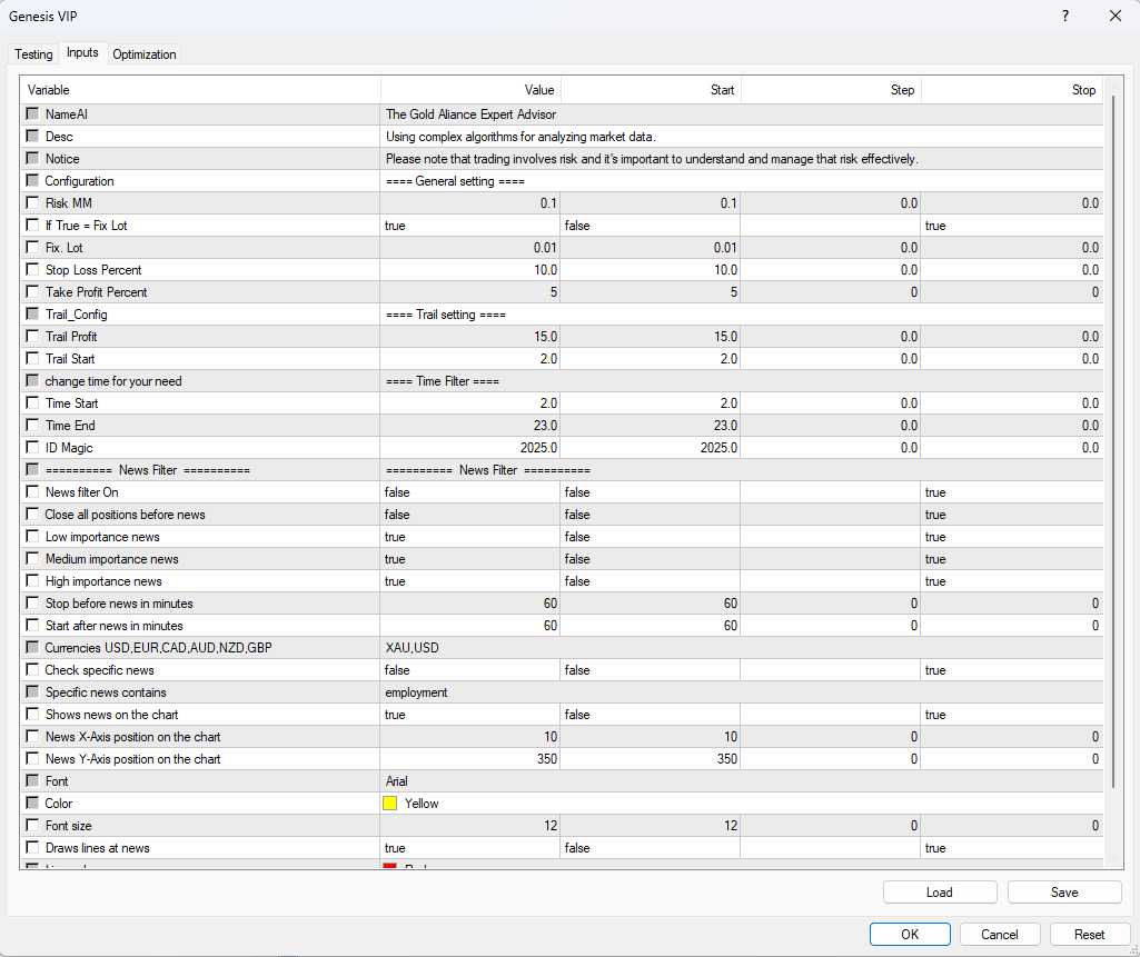 Genesis VIP EA Full Input Parameters