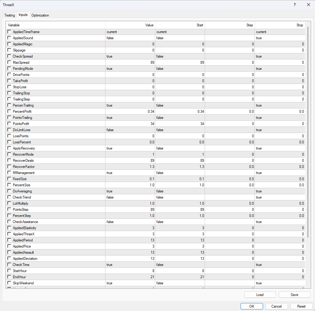 ThraeX EA — Extensive input parameters for granular control