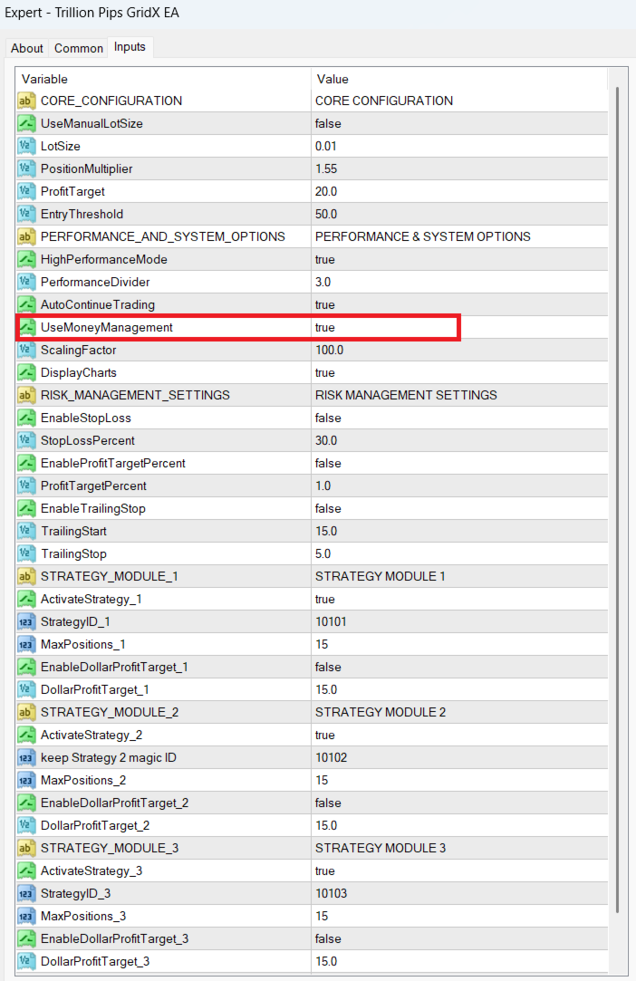 Trillion Pips GridX EA Inputs for the EA