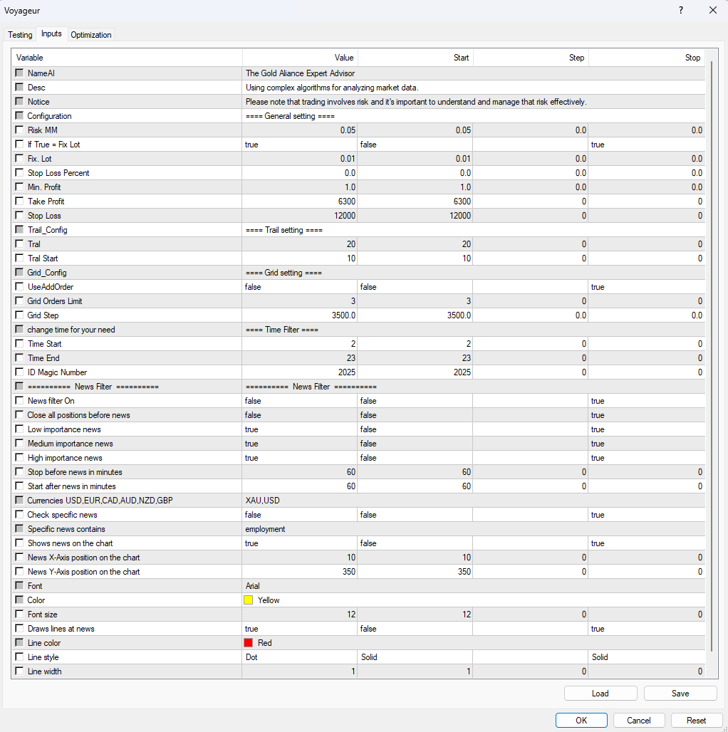 Voyageur EA — Comprehensive input parameters