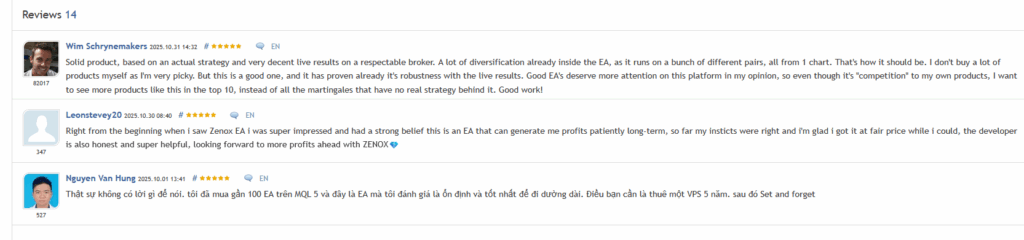 Zenox EA Reviews from Real Customers on MQL5 — verified buyer feedback