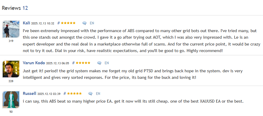 ABS GoldGrid EA — 12 verified reviews on MQL5 with strong positive sentiment ABS GoldGrid EA — 12 verified reviews on MQL5 with strong positive sentiment