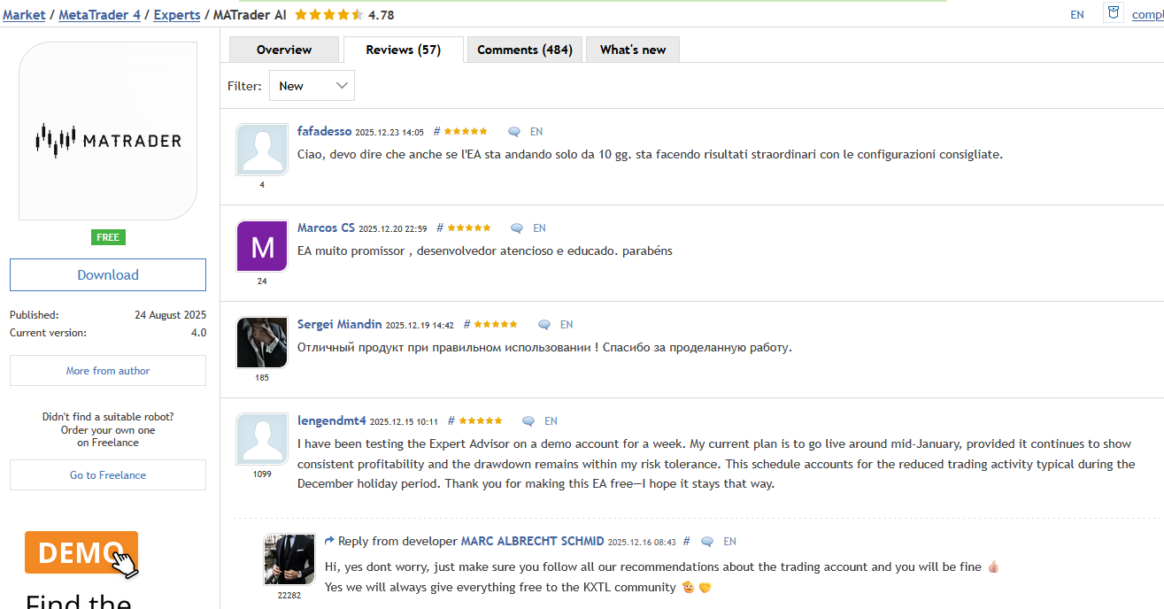 MATrader AI — 57 reviews with 4.78-star rating from the same developer