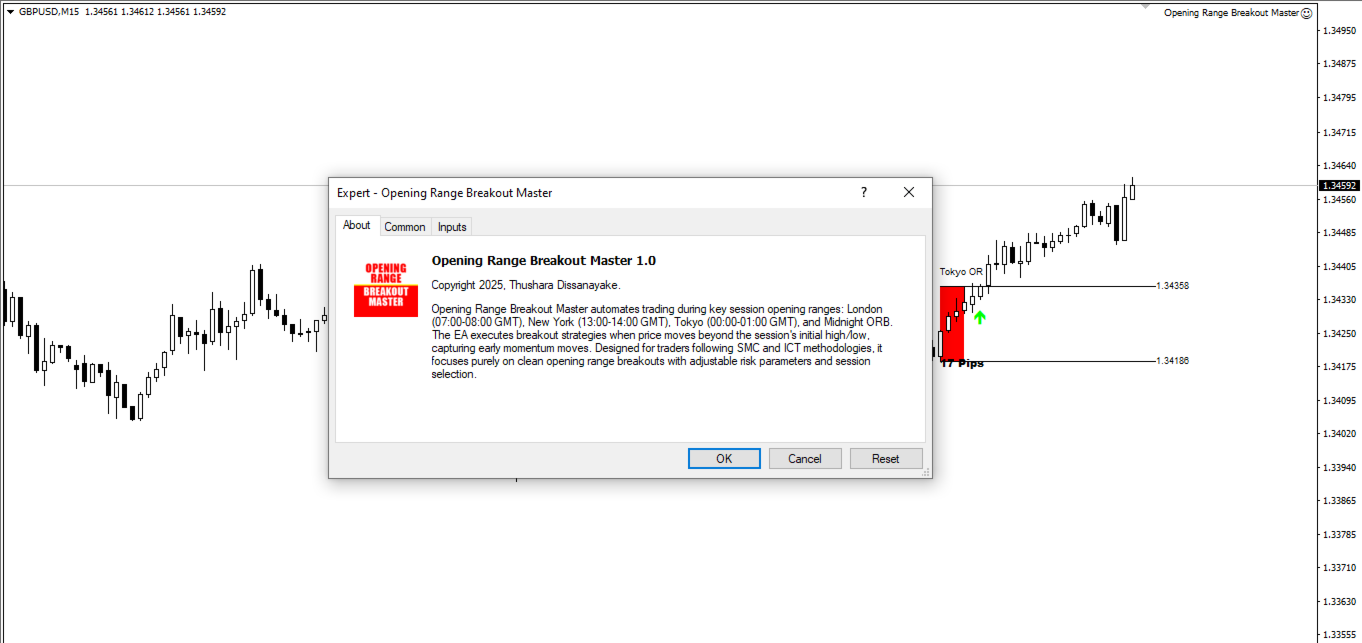 Opening Range Breakout Master — EA settings dialog with Tokyo ORB session box visible on GBPUSD Opening Range Breakout Master — EA settings dialog with Tokyo ORB session box visible on GBPUSD