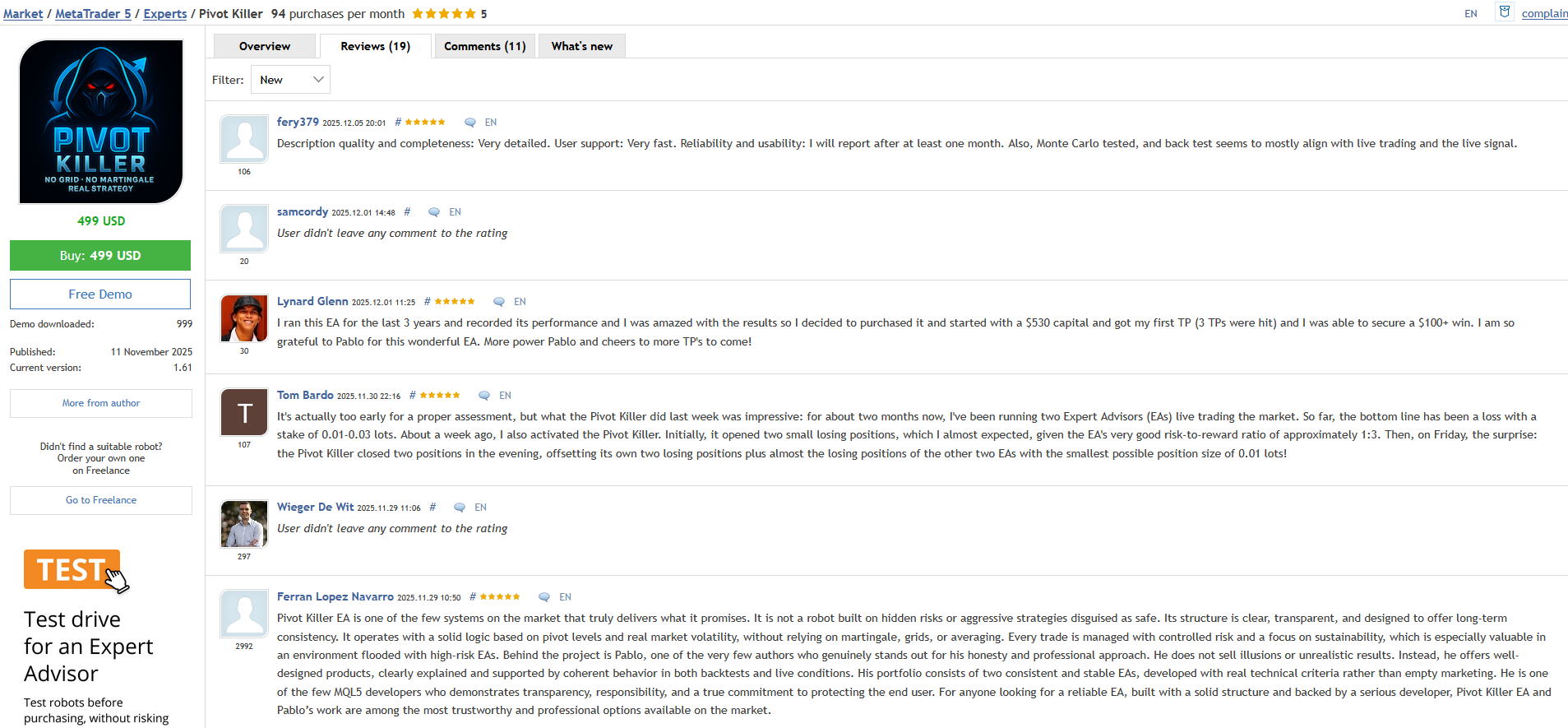Pivot Killer EA Reviews from Customers on MQL5 Pivot Killer EA Reviews from Customers on MQL5
