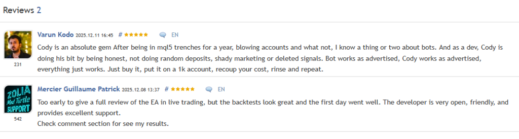 Ultimate Pulse EA — real 5-star reviews from verified MQL5 purchasers praising performance and developer support