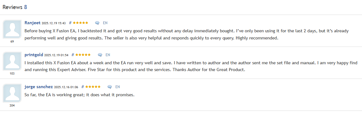 X Fusion AI — 8 verified reviews on MQL5, all 5-star ratings