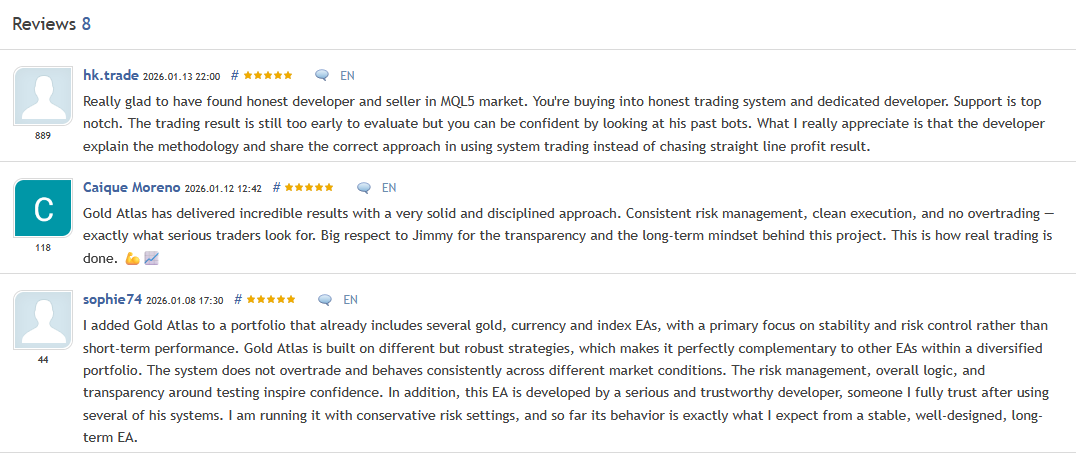 Gold Atlas EA — 8 five-star reviews from verified MQL5 purchasers Gold Atlas EA — 8 five-star reviews from verified MQL5 purchasers