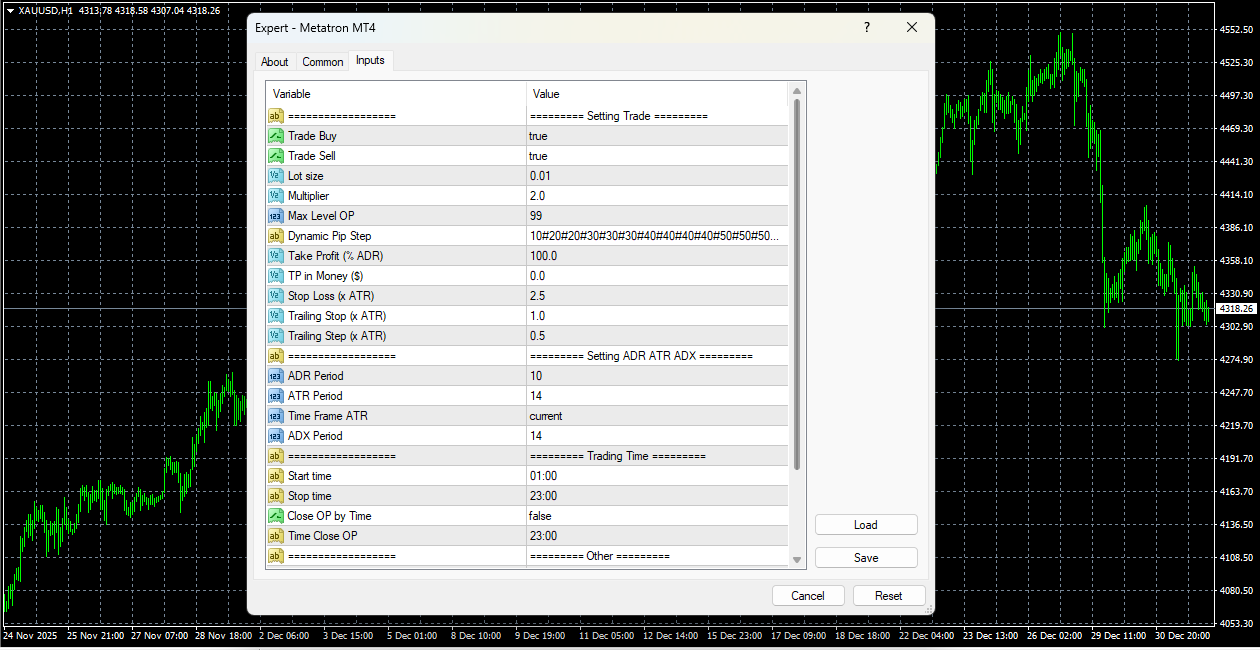 Metatron EA — Full input parameters showing ATR/ADR volatility settings, grid configuration, trading hours, and risk controls Metatron EA — Full input parameters showing ATR/ADR volatility settings, grid configuration, trading hours, and risk controls