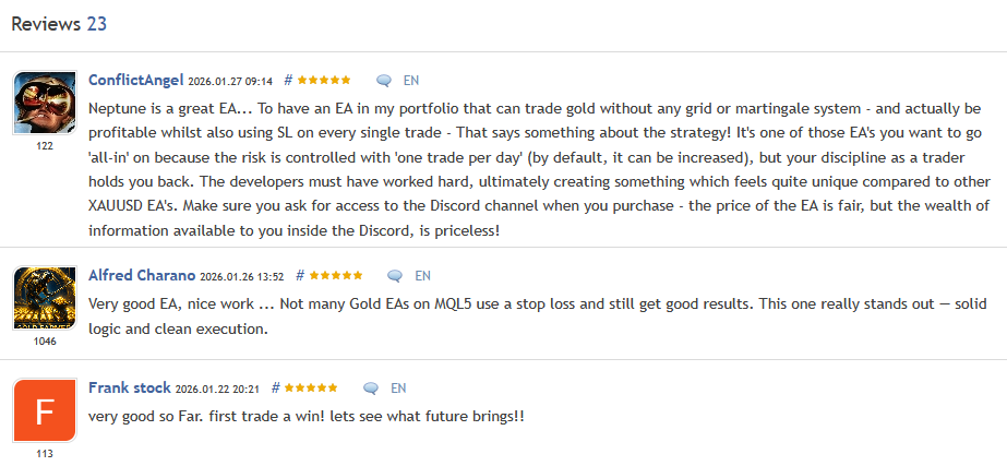 Neptune EA — Reviews from verified MQL5 purchasers (23 reviews, 5.0 rating)