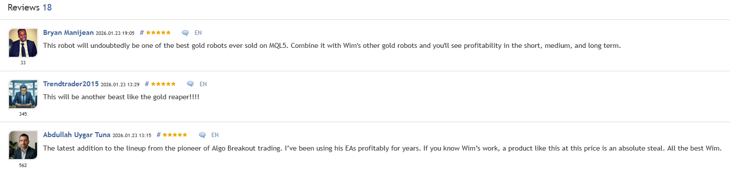 The Gold Phantom EA — Reviews from verified MQL5 purchasers (18 reviews, 5.0 rating) The Gold Phantom EA — Reviews from verified MQL5 purchasers (18 reviews, 5.0 rating)