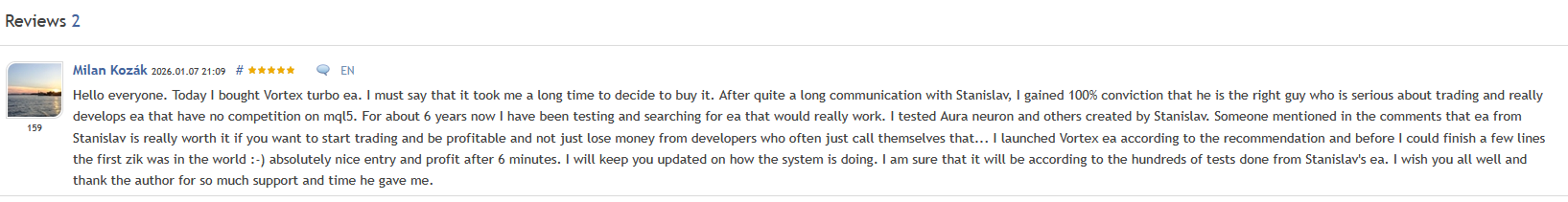 Vortex Turbo EA — Real 5-star review from verified MQL5 purchaser Vortex Turbo EA — Real 5-star review from verified MQL5 purchaser