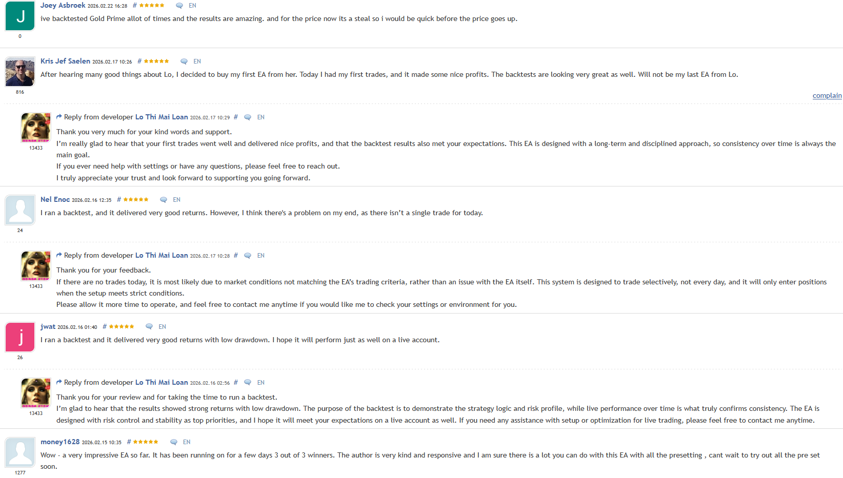 AI Gold Prime EA — Verified 5-star reviews from Joey Asbroek, Kris Jef Saelen, Nel Enoc, jwat, and money1628 with developer responses AI Gold Prime EA — Verified 5-star reviews from Joey Asbroek, Kris Jef Saelen, Nel Enoc, jwat, and money1628 with developer responses