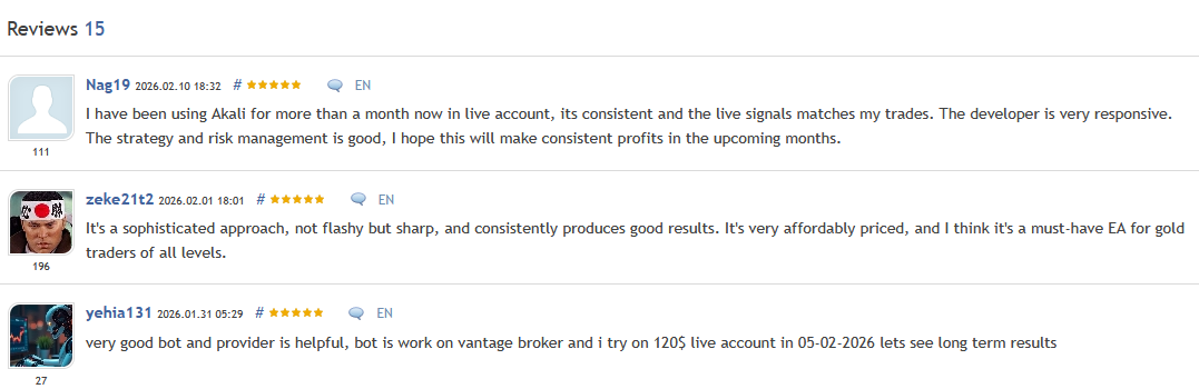 Akali EA — Reviews from verified MQL5 purchasers (14 reviews, 5.0 rating)