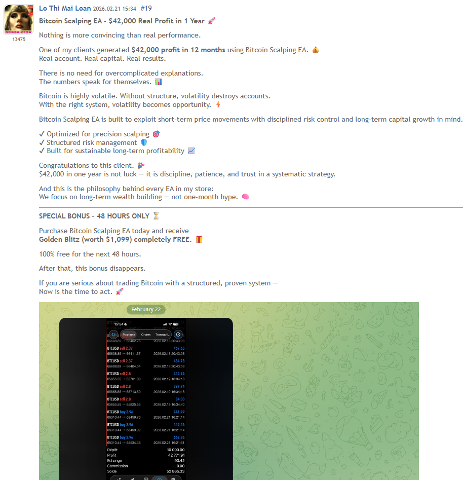 Bitcoin Scalping MT5 — developer Lo Thi Mai Loan sharing $42,000 client profit result and discussing the EA's philosophy of long-term wealth building