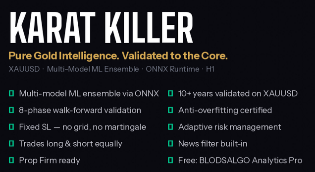 Karat Killer EA — Key features: Multi-model ML ensemble via ONNX, 8-phase validation, fixed SL, no grid/martingale, Prop Firm ready