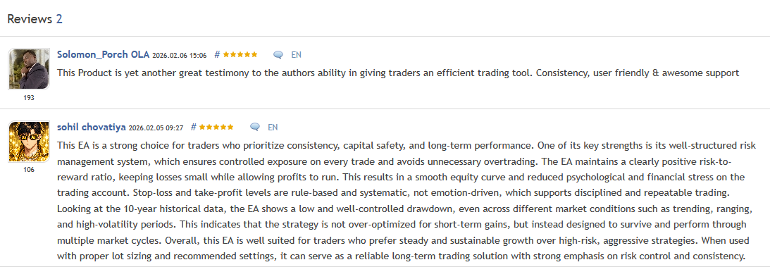 Karat Killer EA — Reviews from verified MQL5 purchasers (2 reviews, 5.0 rating)