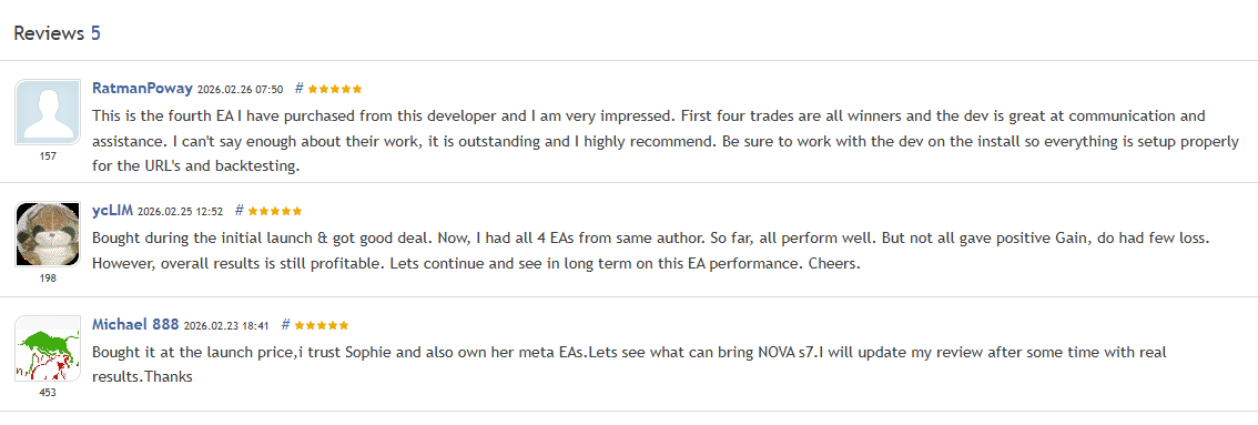 NOVA s7 EA — verified 5-star reviews from RatmanPoway, ycLIM, and Michael 888 praising developer trust, multi-EA ownership, and early trading results