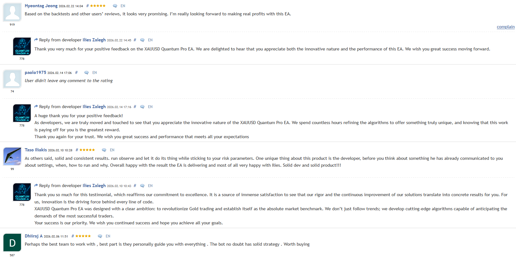 XAUUSD Quantum Pro EA — verified 5-star reviews from Hyeontag Jeong, paolo1975, Taso Iliakis, and Dhiiraj A with developer responses