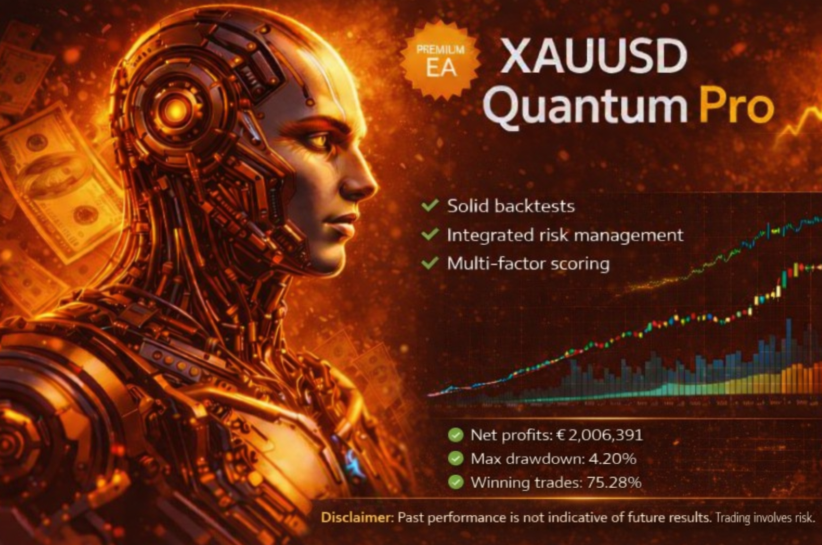 XAUUSD Quantum Pro EA — solid backtests, integrated risk management, multi-factor scoring, net profits €2,006,391, max drawdown 4.20%, winning trades 75.28%
