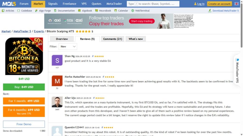 Genuine MQL5 review capture, 13 September 2026. These are MQL5 customer opinions, not CheaperForex verified-purchase ratings.