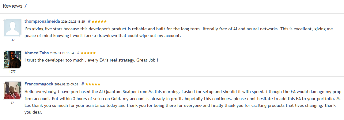 AI Quantum Scalper MT5 — MQL5 customer reviews: all 5-star ratings from verified buyers praising reliability, developer support, and clean execution AI Quantum Scalper MT5 — all 5-star MQL5 reviews from verified buyers