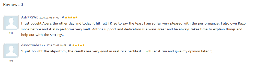 AGERA EA MT5 — 3 verified 5-star reviews on MQL5