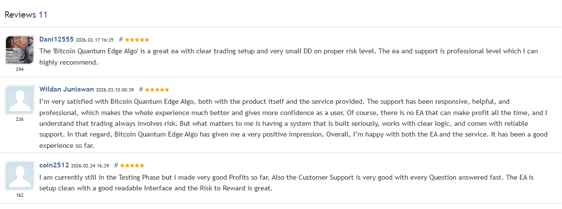 Bitcoin Quantum Edge Algo — all 5-star MQL5 reviews from verified buyers