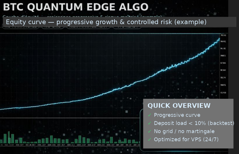 Bitcoin Quantum Edge Algo MT4 — backtest equity curve: progressive growth, controlled drawdown