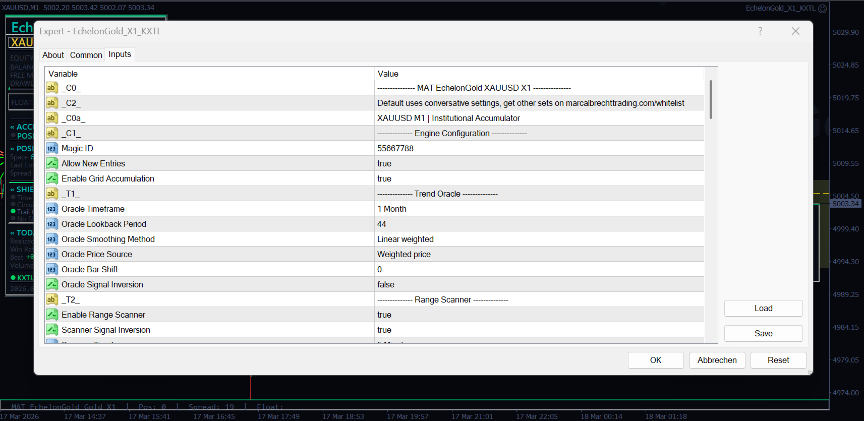EchelonGold X1 MT4 — input parameters: Trend Oracle, Range Scanner, engine configuration