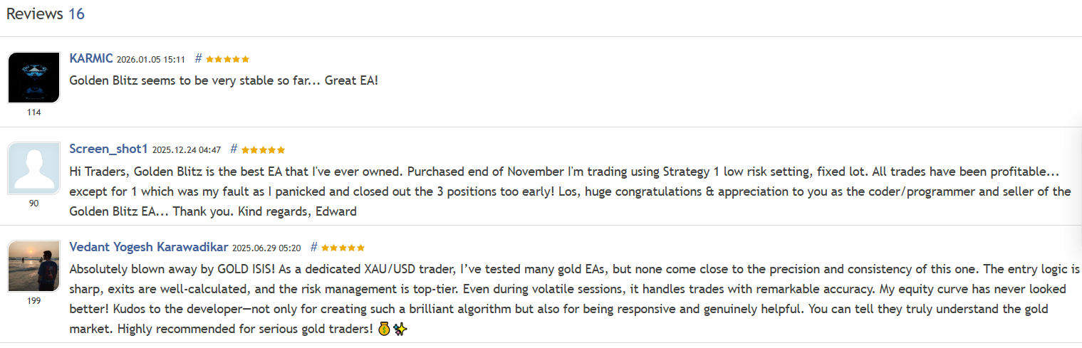 Golden Blitz EA MT4 — 16 MQL5 reviews, praised for stability, precision, and developer support