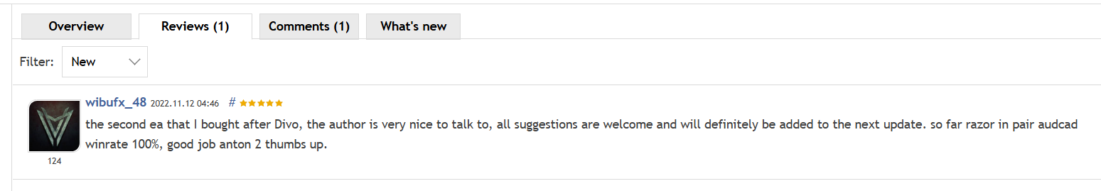 Razor MT4 — 1 verified 5-star review: 100% winrate on AUDCAD, great developer support
