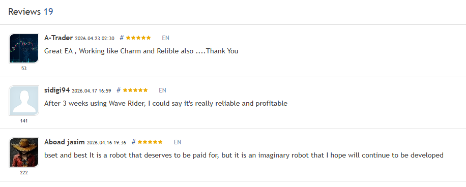 Wave Rider EA MT5 customer reviews on MQL5 — 19 verified 5-star reviews praising reliability and profitability